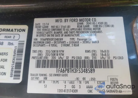 2015 Ford Mustang Ecoboost from USA, damaged, VIN 1FA6P8TH3F5348589